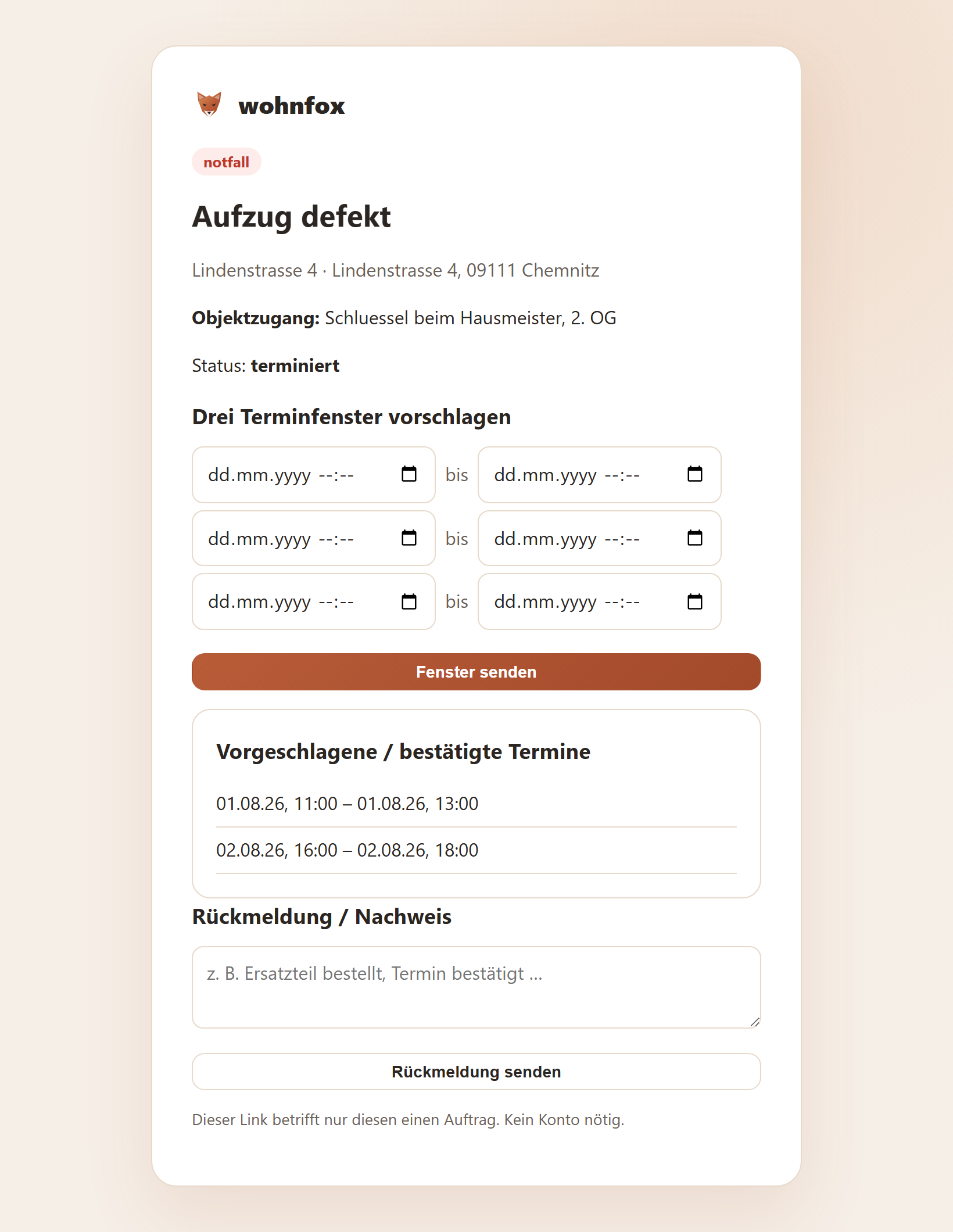 Dienstleister-Auftrag per Token-Link ohne Konto: Auftrag ansehen, drei Terminfenster vorschlagen, Rückmeldung.
