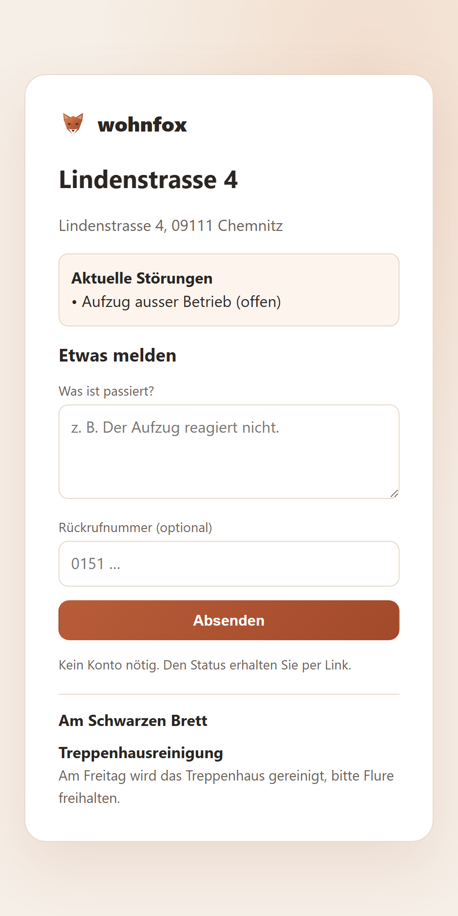 Mobiles Meldeformular ohne Konto: Objekt, aktuelle Störungen, Meldung absetzen.